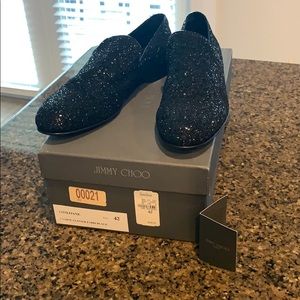 Men’s Jimmy Choo Black Glitter Smoking Shoe Sz 42